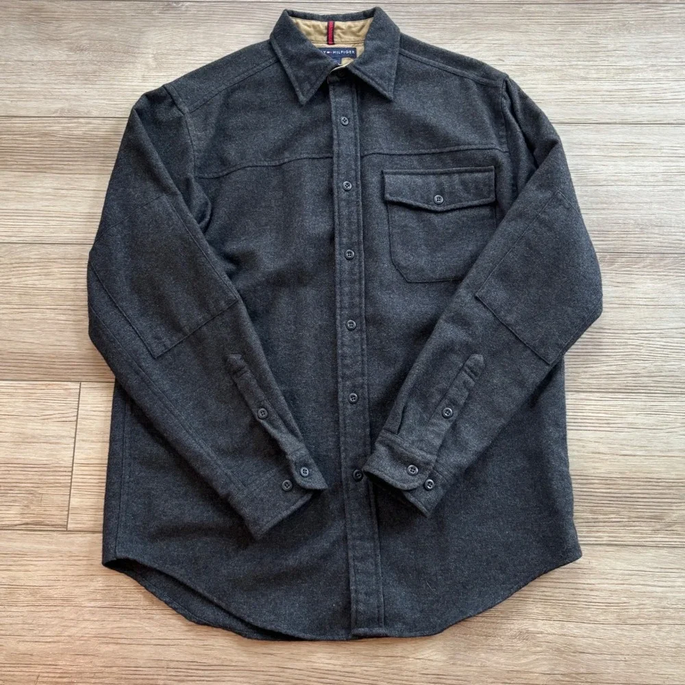 Tommy Hilfiger Mens Wool Blend Shirt Jacket Charcoal Gray Elbow Patch Medium